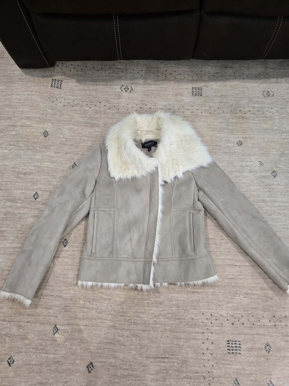 Ann Taylor Taupe Suede Jacket with Cream Faux-Shearling Collar